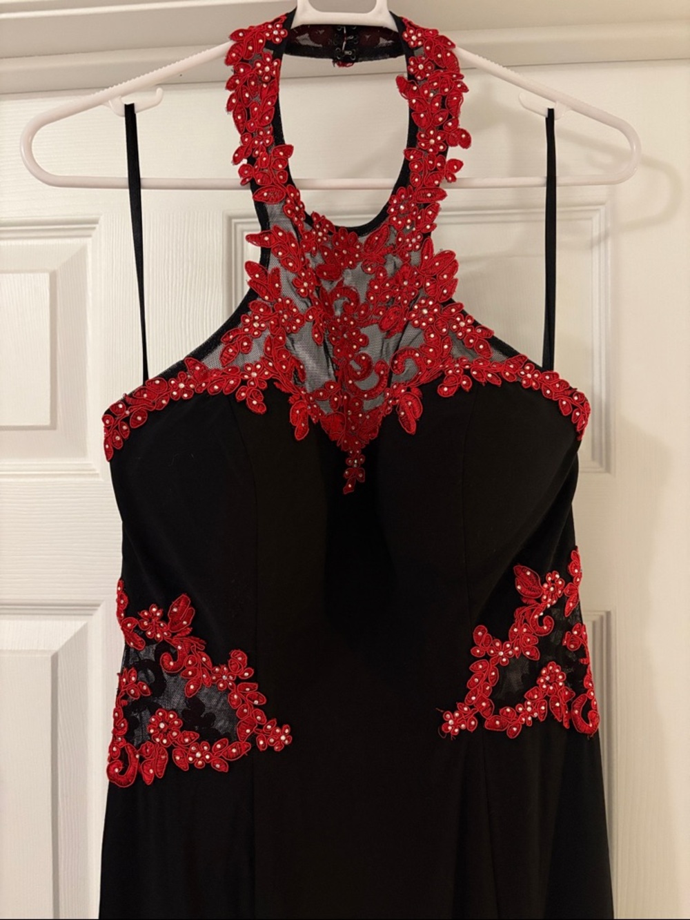 Blondie Nites Black Prom Dress with Red Appliqué Halter